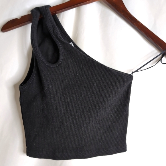ZARA Asymmetrical Black Ribbed Crob Top, Size S - Picture 1 of 6